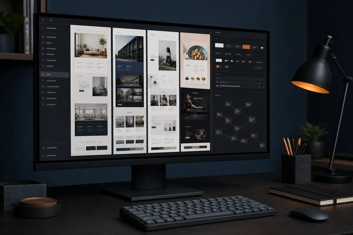 Component library workspace showing multiple client website layouts