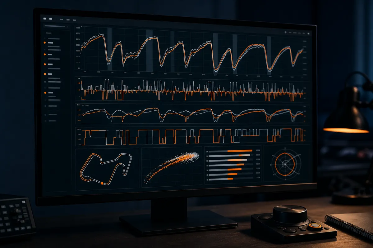 Motorsport telemetry traces and comparison charts on an engineering workstation