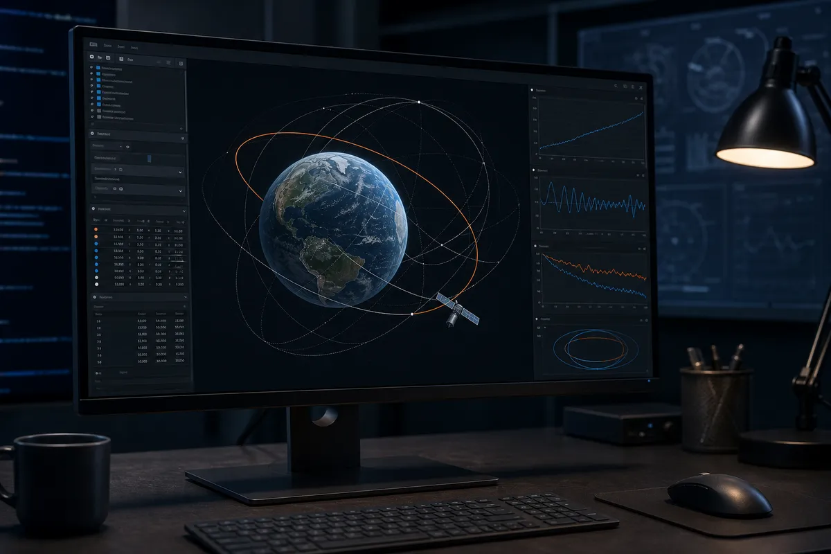 Orbital simulation with Earth, satellite trajectories, and numerical plots