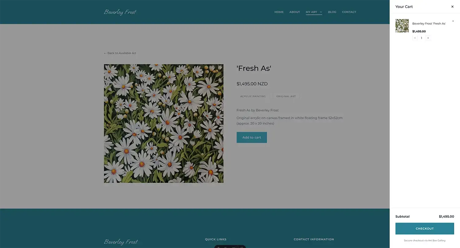Artist storefront with painting catalogue, product view, cart, and inventory panel